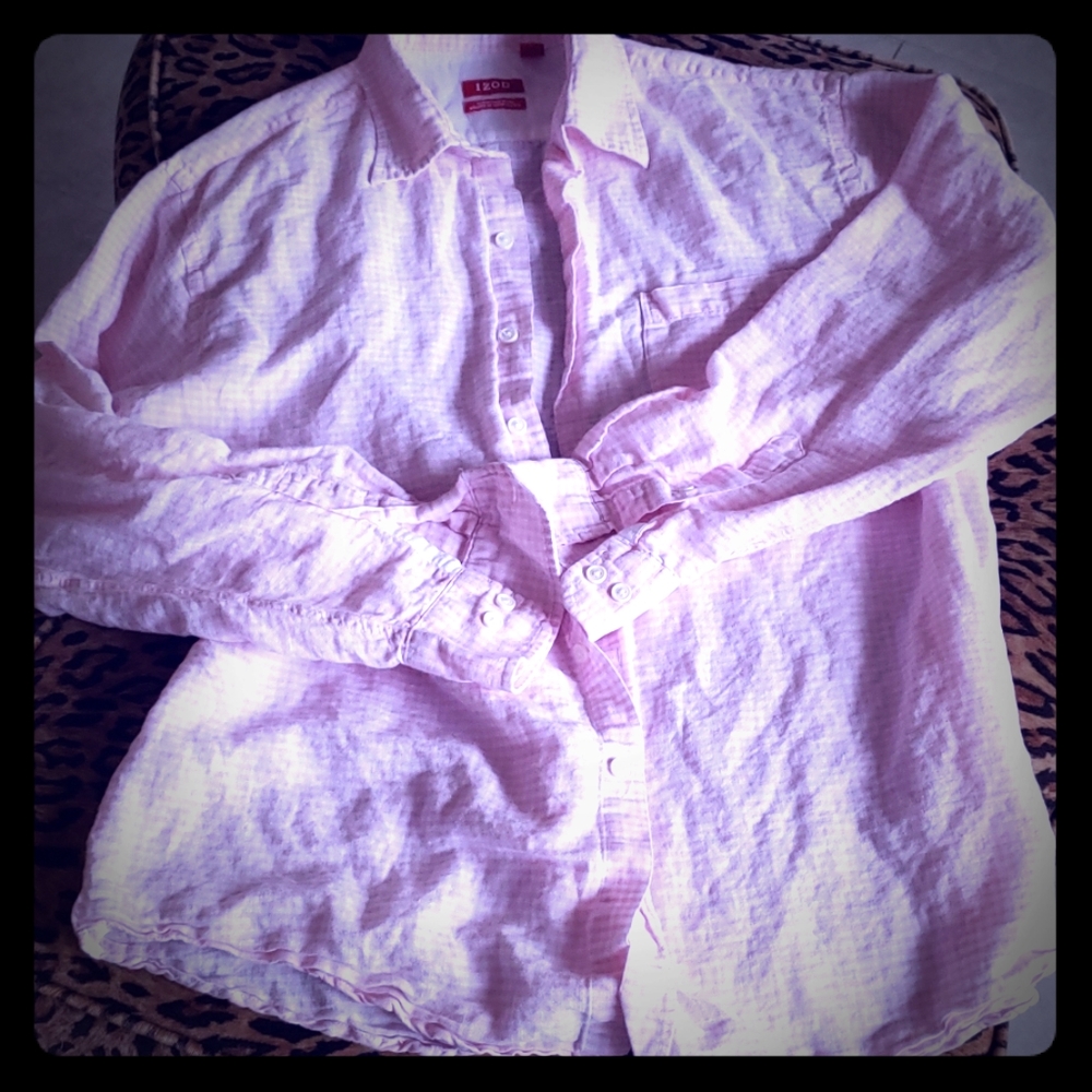IZOD pink checkered linen/cotton shirt M